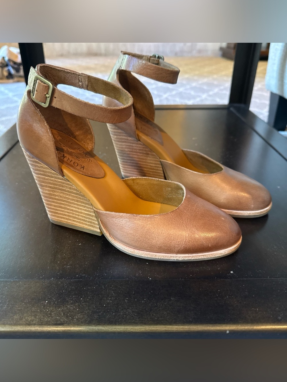 Kork-Ease Christie Brown Leather Ankle-Strap Wedge Heels Size 7 NEW
